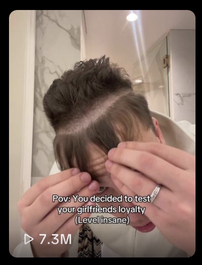 Skjermbilde av Amunds TikTok-video der han bytter frisyre, med 7,3 millioner visninger
