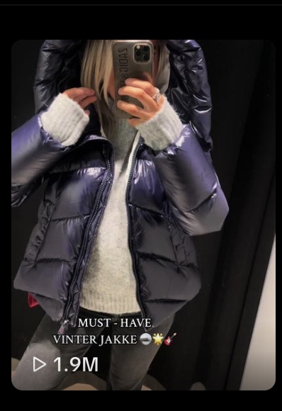 Skjermbilde av Mariells TikTok-video om en must-have vinterjakke, med 1,9 millioner visninger